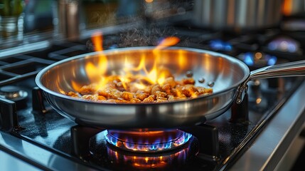 Frying Food in a Pan with Flames and Smoke
