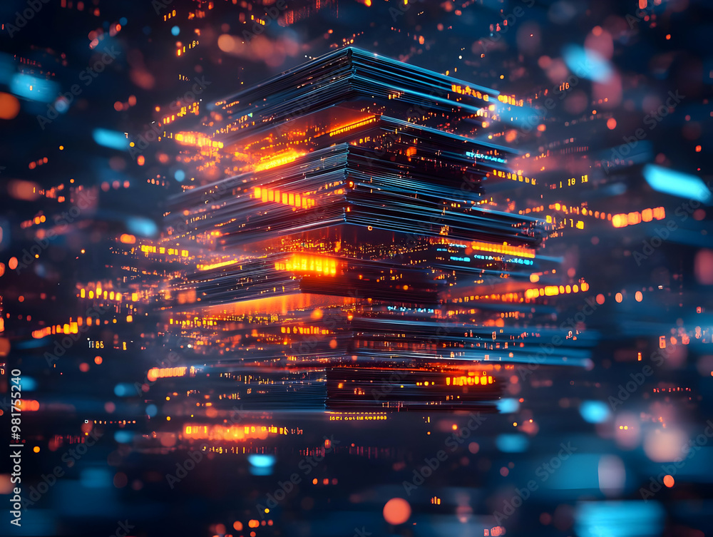 Poster a vibrant digital stack with glowing layers, showcasing a futuristic data visualization concept in a