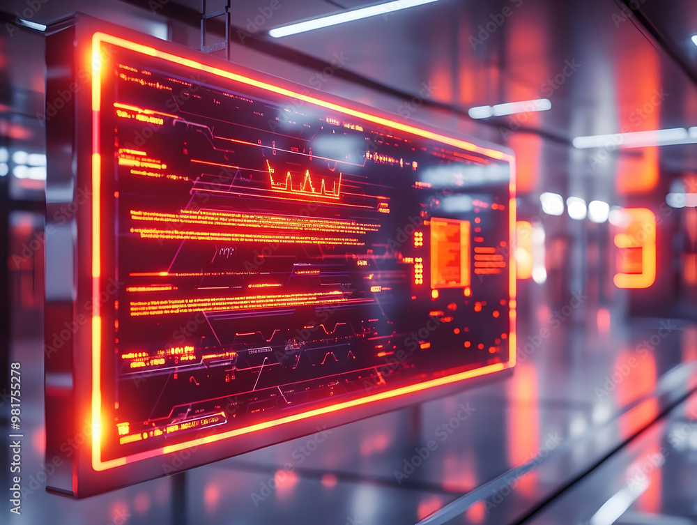 Poster futuristic digital screen displaying glowing data and graphs in a modern, high-tech environment.