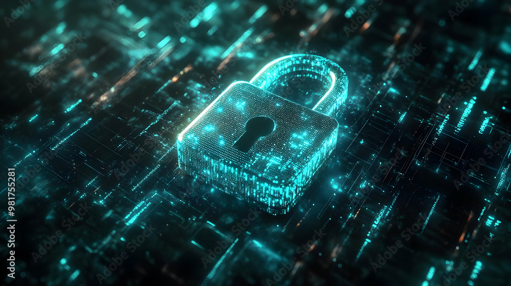 Poster futuristic digital lock against a backdrop of glowing binary data. concept of cybersecurity and data