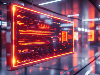 Futuristic digital screen displaying glowing data and graphs in a modern, high-tech environment.
