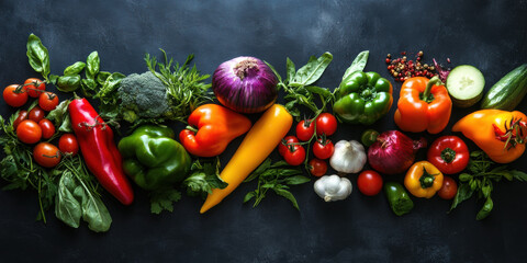 Fresh vegetables including tomatoes, peppers, broccoli, and herbs create vibrant display of colors and textures, perfect for discovering new vegetarian ingredients and their benefits