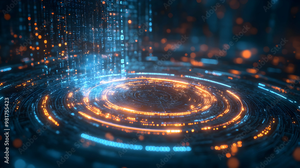 Poster dynamic abstract background featuring glowing circles and cascading data streams in vibrant blue and