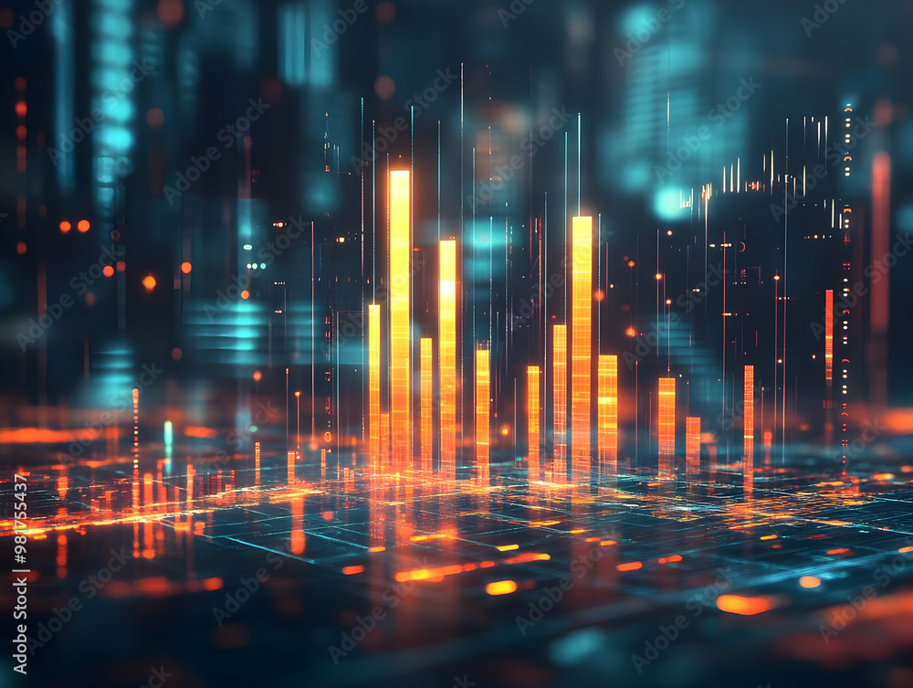 Poster dynamic digital landscape with glowing data bars, perfect for illustrating technological advancement