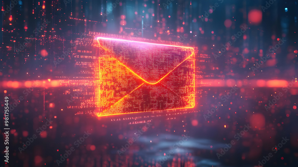 Poster glowing digital envelope symbolizing email communication, with a futuristic background of binary dat