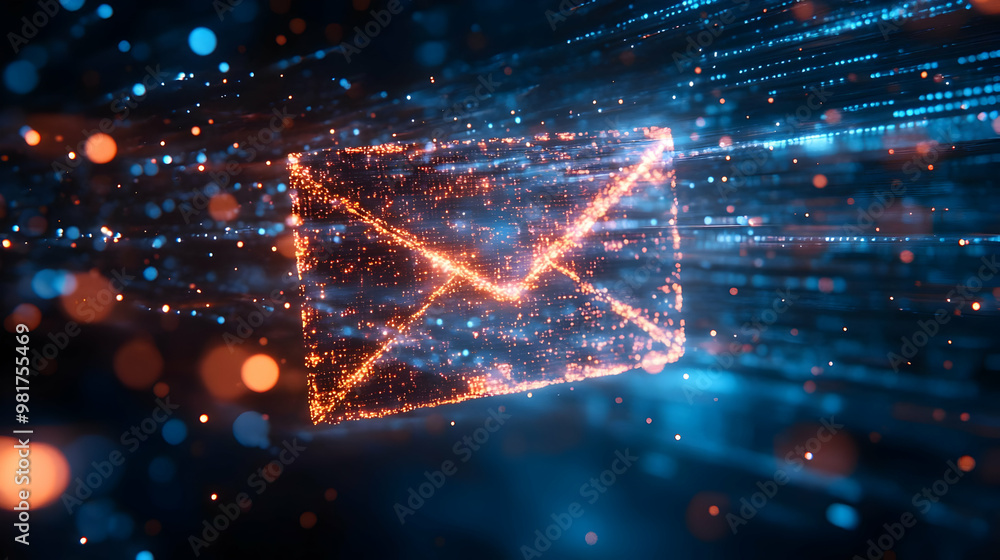 Poster dynamic digital illustration of a glowing email symbol with vibrant light trails representing commun