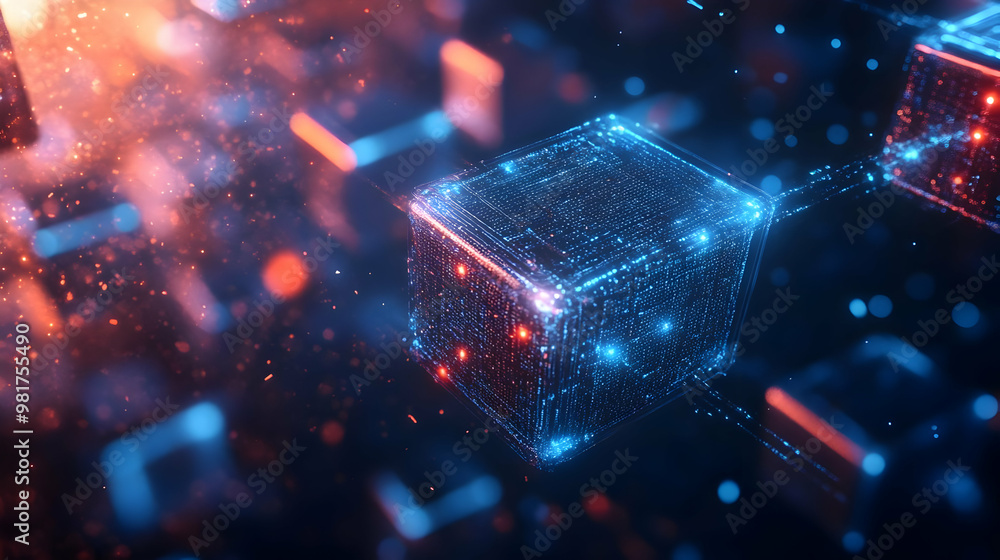 Poster abstract digital cubes glowing in neon colors represent technological innovation and data visualizat
