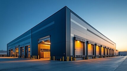 Modern Warehouse Building with Multiple Loading Docks at Dusk