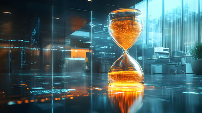 A modern hourglass filled with vibrant orange liquid, set in a sleek office environment with a futuristic aesthetic.