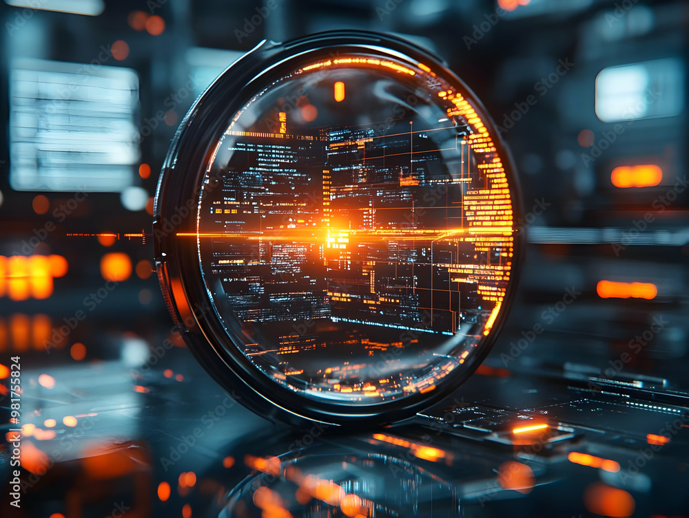 Poster futuristic digital interface showcasing technology, data visualization, and glowing elements within 