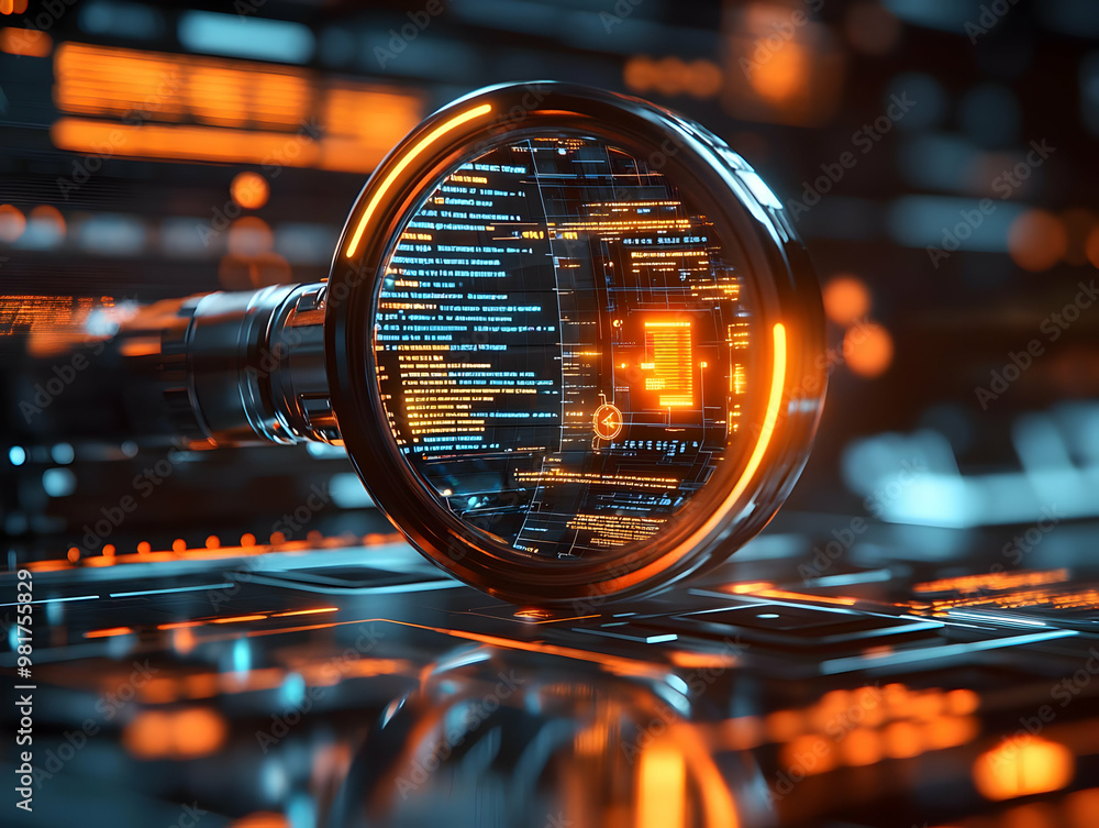 Poster close-up view of a magnifying glass over digital code, showcasing a futuristic technology theme with