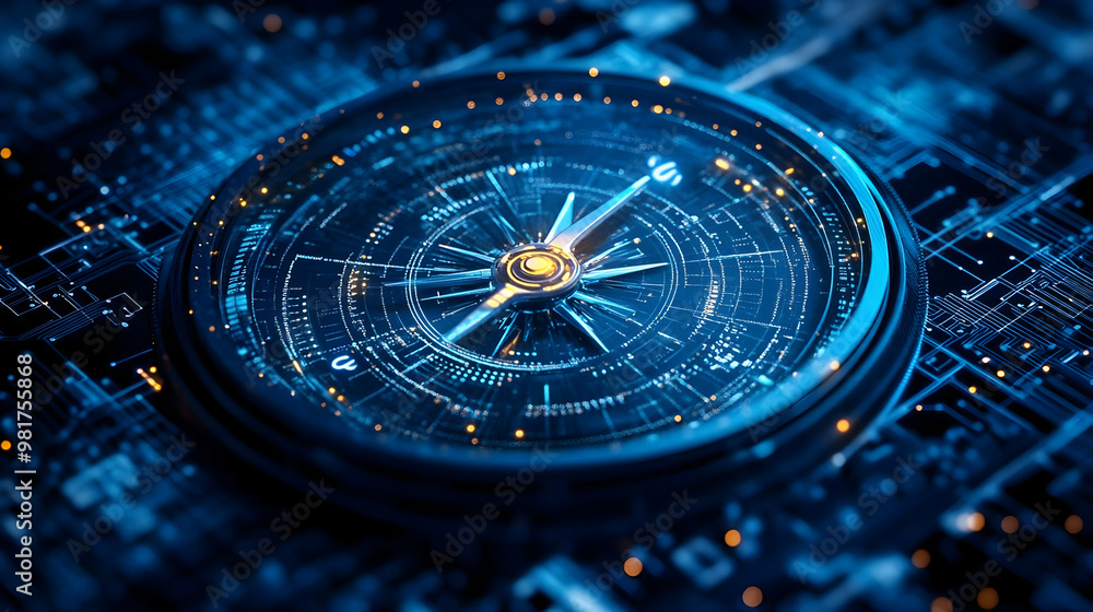 Poster futuristic compass on a digital interface, symbolizing navigation and technology in a modern world.