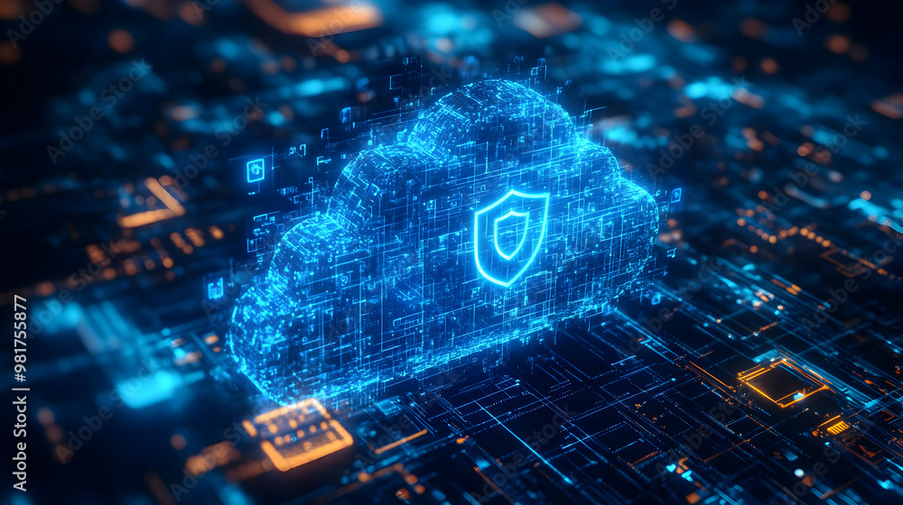 Poster futuristic digital cloud with security shield, representing advanced technology and data protection 