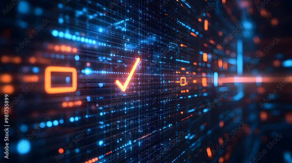 Poster futuristic digital background with glowing check mark and grid patterns, representing technology, da