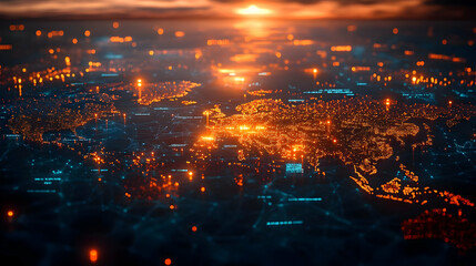 Fototapeta premium Aerial view of a vibrant city skyline illuminated during sunset, showcasing beautiful lights and a shimmering water reflection.