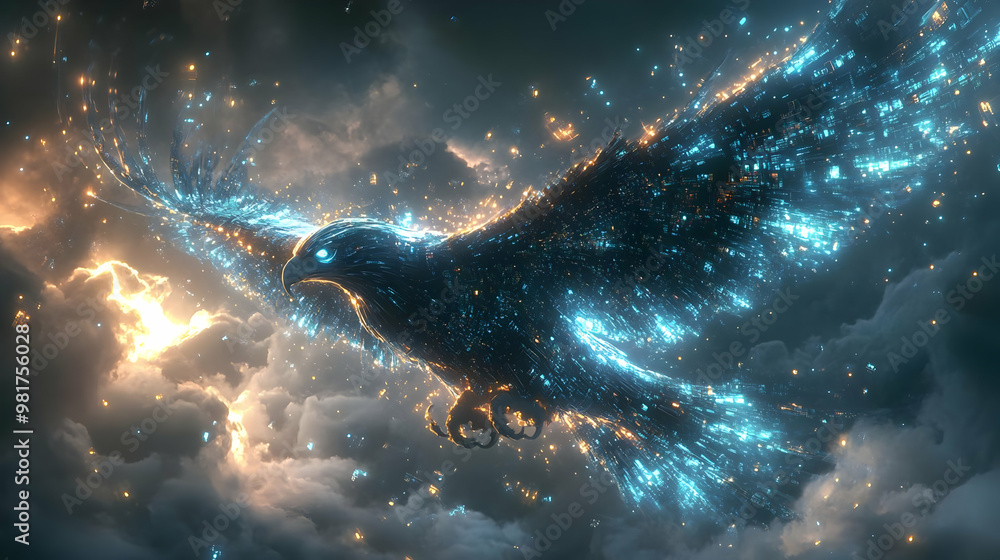 Poster a mystical eagle soaring through a galaxy of sparkling stars and shimmering clouds, creating an ench
