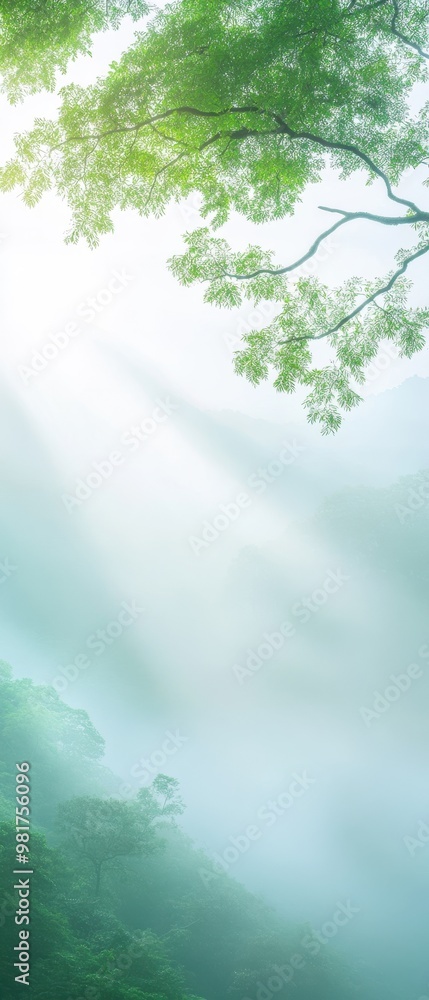 Poster a tree with leaves is in the foreground and a mountain is in the background