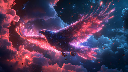 Fototapeta premium A stunning cosmic scene featuring a vibrant, glowing bird soaring through colorful clouds, embodying freedom and beauty in the cosmos.
