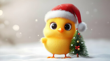 Adorable yellow chick wearing a Santa hat, standing beside a small Christmas tree, perfect for holiday cheer.