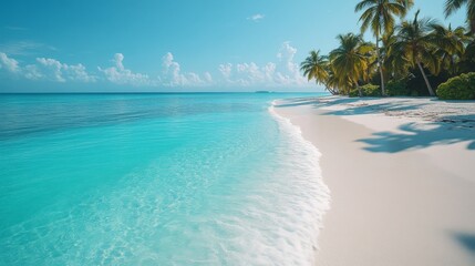 Fototapeta premium Turquoise Water Laps at a Pristine White Sandy Beach with Palm Trees in the Background
