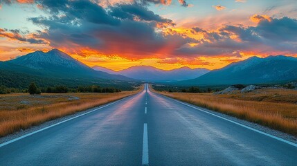 Naklejka premium A Winding Road Through Majestic Mountains at Sunset