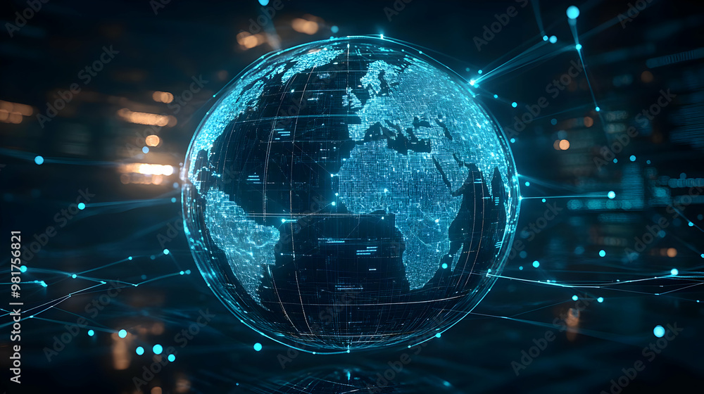Poster a digital representation of the globe, showcasing networks and connections across continents with vi