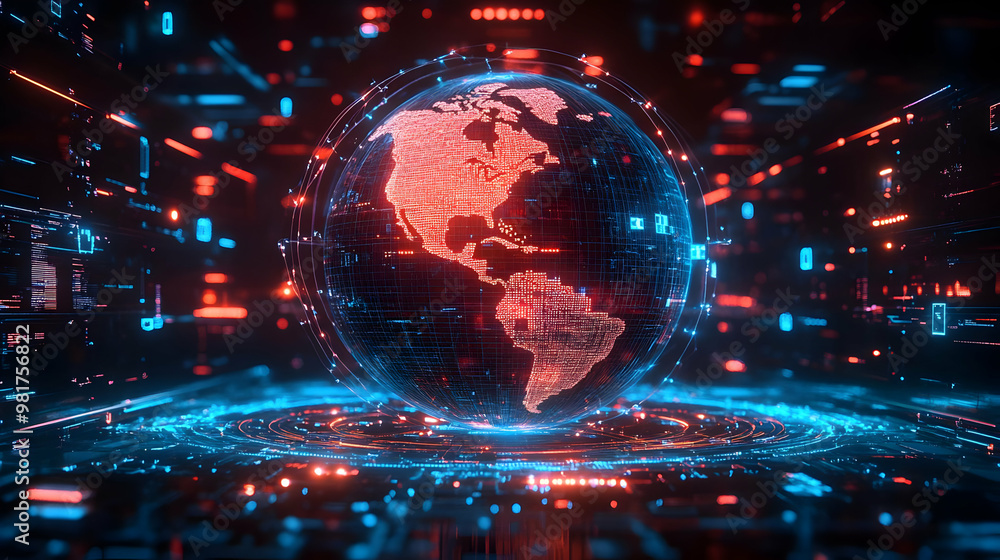 Poster futuristic digital globe with vibrant red and blue data streams, representing global connectivity an