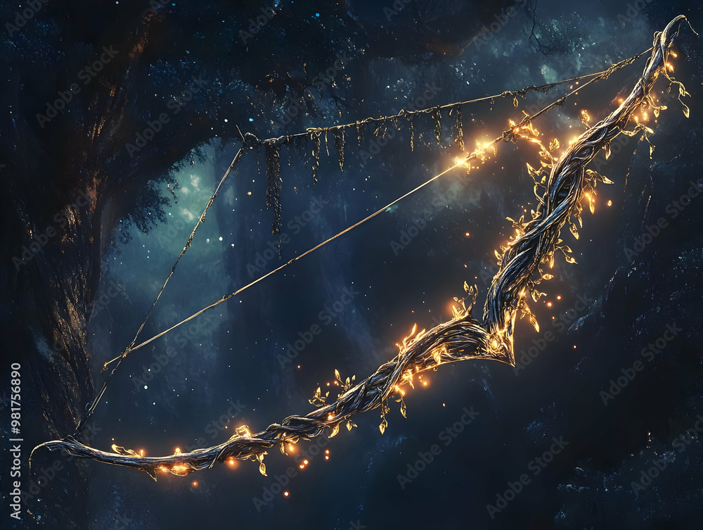 Poster enchanting bow adorned with glowing lights, nestled in a mystical forest, creating an atmosphere of 