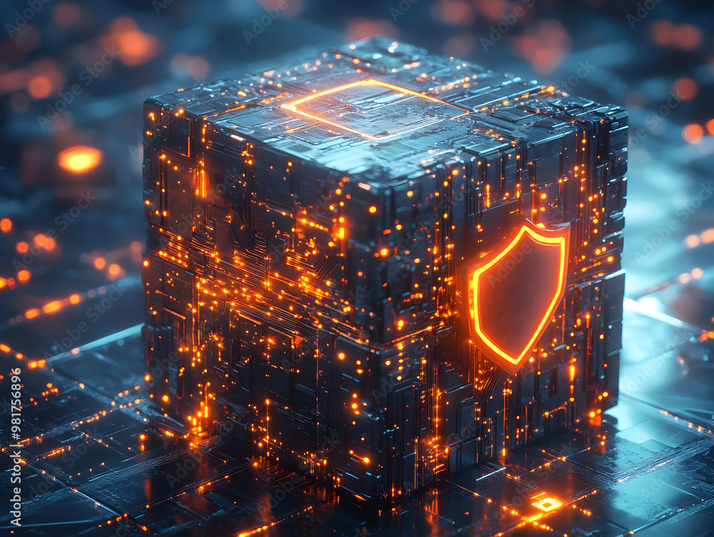 Poster a futuristic cube with glowing circuits and a shield symbol, representing advanced technology and di