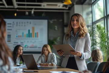 Professional businesswoman presentation in modern sunlit office meeting
