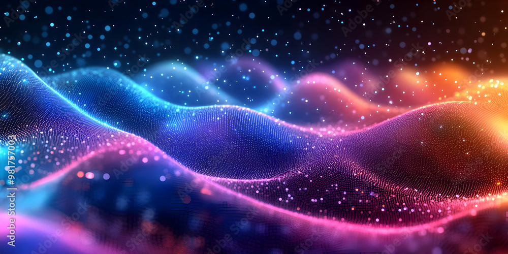 Poster vibrant abstract waves of color with glowing particles, creating a mesmerizing visual effect in a di