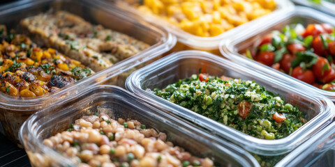 Obraz premium Delicious and colorful meal prep featuring various healthy dishes stored in reusable containers, perfect for festive gatherings and nutritious eating