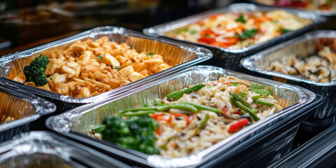 Fototapeta premium Delicious food in reusable containers showcases variety of colorful dishes, including stir fried vegetables and chicken. Perfect for festive gatherings and meal prep!