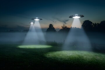 Misty landscape at dusk with four UFOs, eerie light beams cast on grassy field