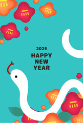 2025,New Year's card vertical,Simple illustration of camellia and snake.
