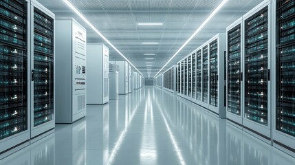 Rows of illuminated server racks in a data center corridor