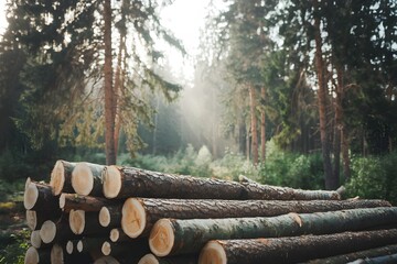 Freshly cut logs in a tranquil pine forest with sunlight streaming
