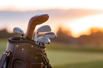 Set of golf clubs against a sunrise lit course, evoking calm