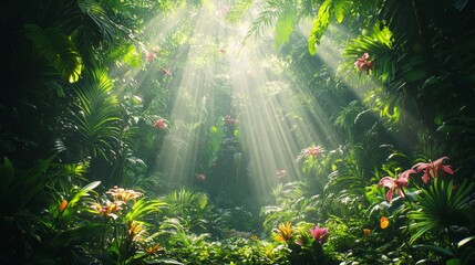 Obraz premium Sunbeams Filtering Through Dense Tropical Rainforest Canopy