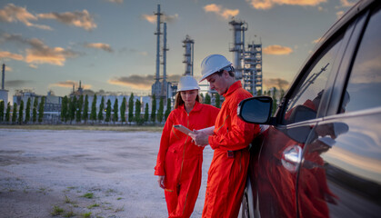 Engineers wearing safety gear, hard hats examining survey stand at car blueprint discussing on...