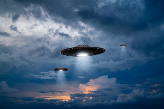 UFOs soar through stormy sky, emitting light, creating extraterrestrial mystery