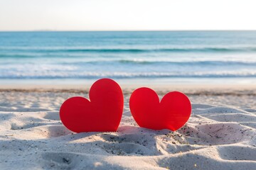 Fototapeta premium Two red hearts on sandy beach with azure ocean in the background