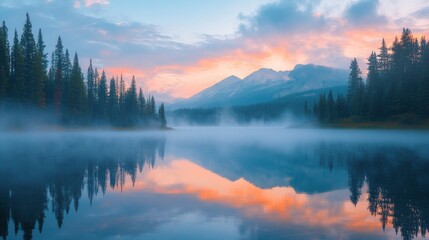 Serene Mountain Lake with Fog and Colorful Sky Reflection