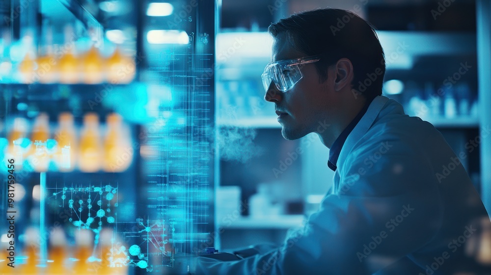 Poster a scientist in a lab, analyzing data with bottles in the background.