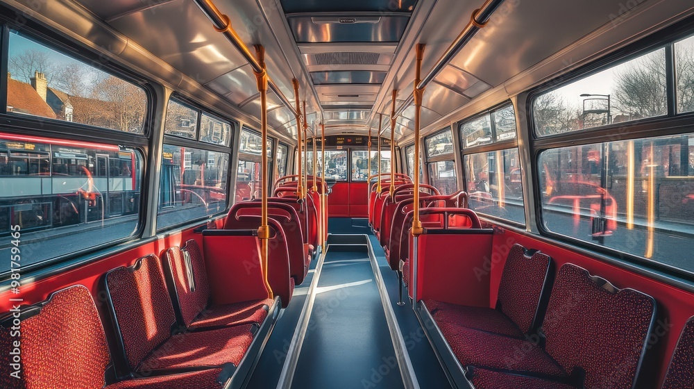 Poster interior view of a bus with red seats and an empty aisle, showcasing public transport design.