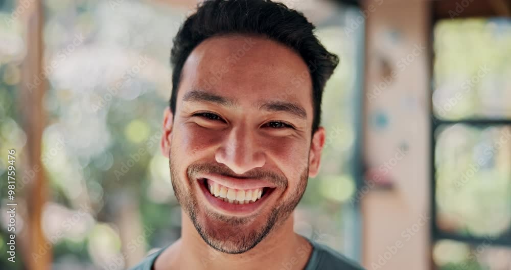 Sticker Man, face and smile for yoga, studio and headshot for wellness, confident and start class in morning. Person, pride and happy in portrait for mindfulness, pilates or excited at health club in Mexico