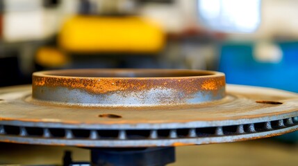 Fototapeta premium Close-up of worn brake disc with visible rust, indicating defect in vehicle maintenance, set in mechanic's workshop environment
