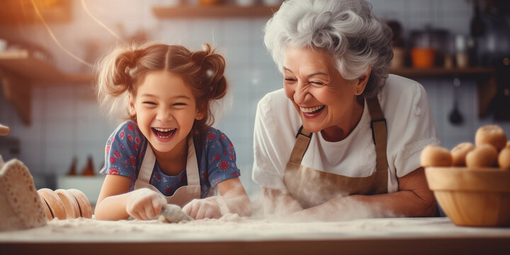 Granddaughter getting pie-making lessons from her expert grandmother. Crust and filling: fun family baking education.