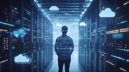 A person stands in a server room with digital cloud graphics, symbolizing data management.