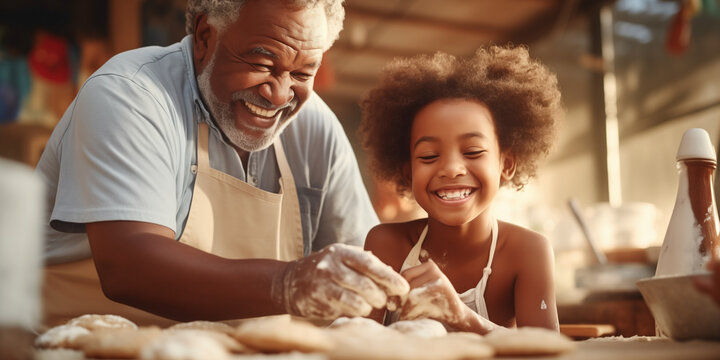 Young girl mastering the art of pizza dough tossing with grandfather's guidance. Dough acrobatics: exciting family kitchen activities. - Powered by Adobe